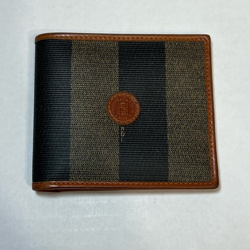 FENDI Pequin Patterned Bifold Wallet Brown/Black PVC & Cognac Leather